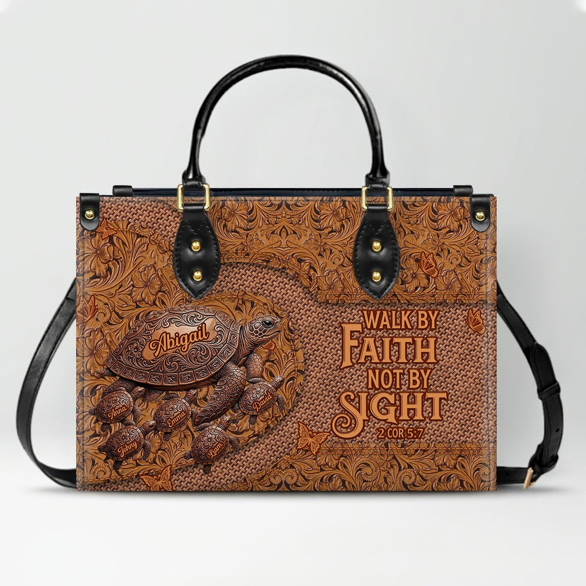 CHRISTIANARTBAG | Personalized Leather Handbag with Custom Names & Bible Verse - Western Tooled Turtle Design CAB0141626