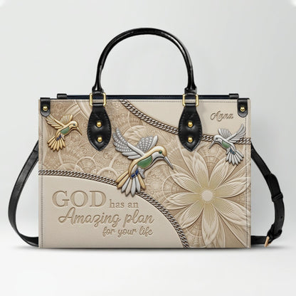 CHRISTIANARTBAG Personalized Leather Handbag - God Has An Amazing Plan For Your Life Hummingbird Floral Bag CAB01100326