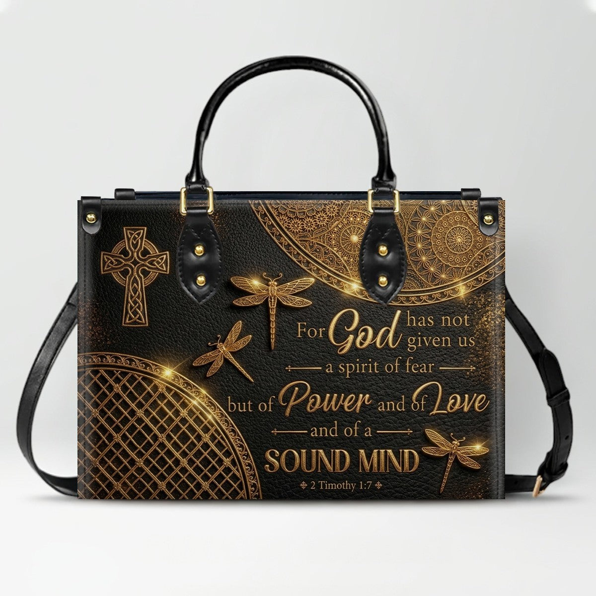 Personalized Leather Handbag | Custom Cross & Dragonfly Design - Gold Line Art - Religious Gift for Women - 2 Timothy 1:7 Scripture | CHRISTIANARTBAG CAB0171526