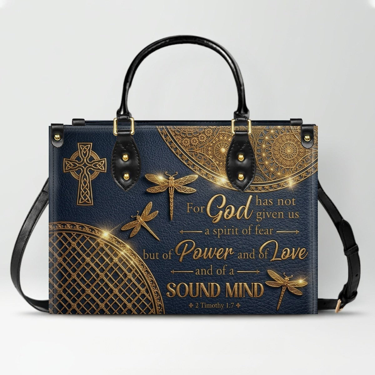 Personalized Leather Handbag | Custom Cross & Dragonfly Design - Gold Line Art - Religious Gift for Women - 2 Timothy 1:7 Scripture | CHRISTIANARTBAG CAB0171526