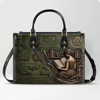 Personalized Bible Verse Leather Handbag | Scripture Psalm 119:103 Book Lover Gift | Just A Girl Who Loves Books Tote | CHRISTIANARTBAG 01072026