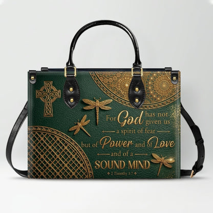 Personalized Leather Handbag | Custom Cross & Dragonfly Design - Gold Line Art - Religious Gift for Women - 2 Timothy 1:7 Scripture | CHRISTIANARTBAG CAB0171526
