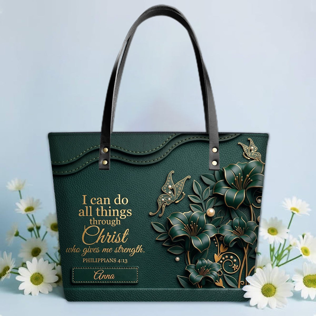 Personalized Christian Leather Tote Bag - 3D Floral Butterfly & Bible Verse Philippians 4:13 | Custom Name & Color - CHRISTIANARTBAG CAB01101326