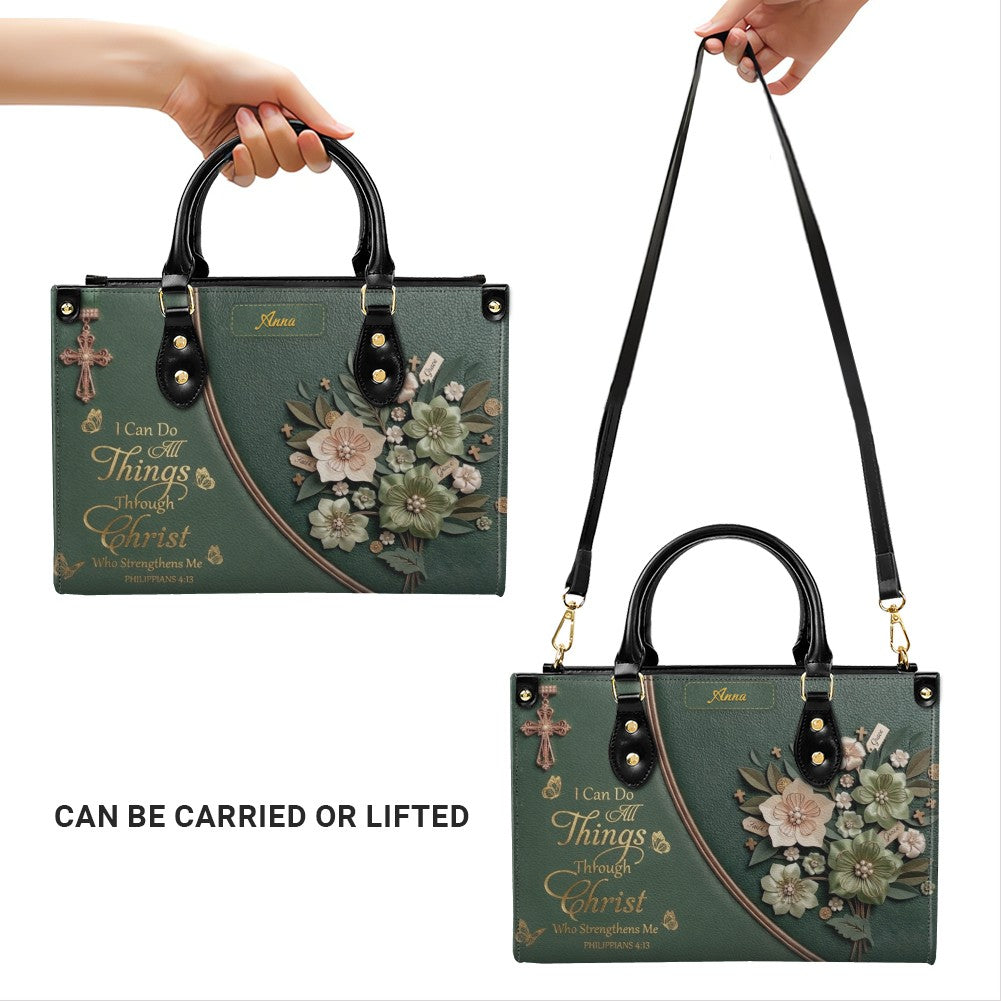 Custom Name Christian Leather Handbag by CHRISTIANARTBAG | I Can Do All Things Shoulder Bag Deep Forest Green, Religious Floral Gift for Her CAB01070226
