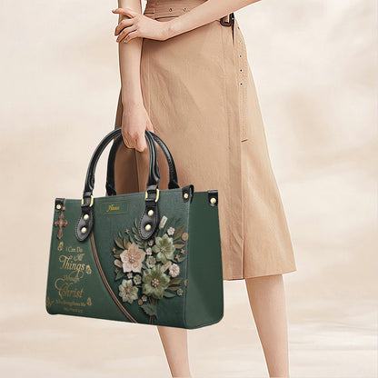 Custom Name Christian Leather Handbag by CHRISTIANARTBAG | I Can Do All Things Shoulder Bag Deep Forest Green, Religious Floral Gift for Her CAB01070226