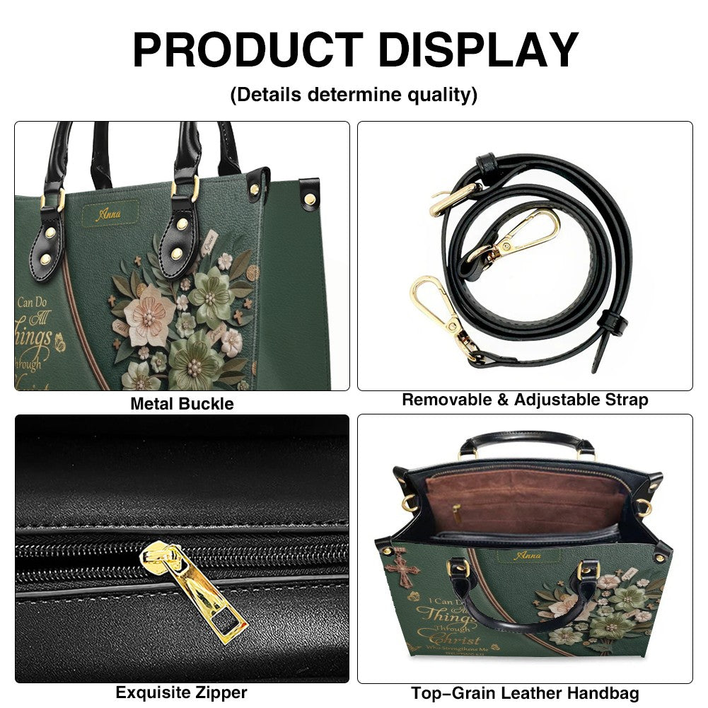 Custom Name Christian Leather Handbag by CHRISTIANARTBAG | I Can Do All Things Shoulder Bag Deep Forest Green, Religious Floral Gift for Her CAB01070226