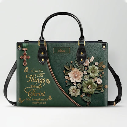 Custom Name Christian Leather Handbag by CHRISTIANARTBAG | I Can Do All Things Shoulder Bag, Religious Floral Gift for Her CAB01070126