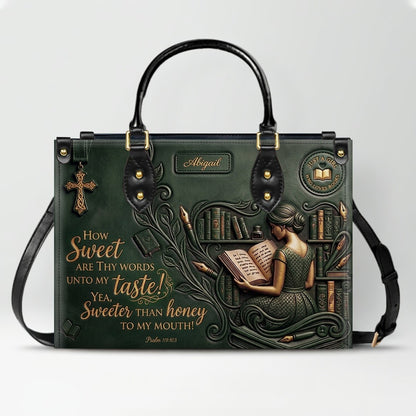 Personalized Bible Verse Leather Handbag | Scripture Psalm 119:103 Book Lover Gift | Just A Girl Who Loves Books Tote | CHRISTIANARTBAG 01072026