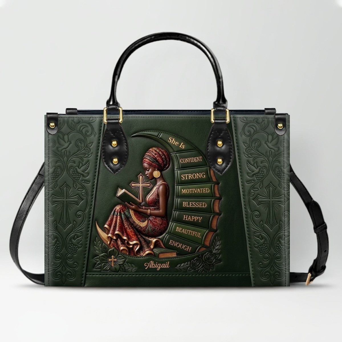 Personalized Leather Handbag for Christian Women - Custom Name, Skin Tone & Color "She Is" Affirmation Tote Bag | CHRISTIANARTBAG 01080326