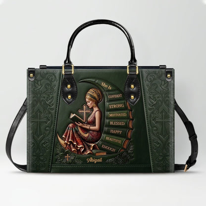 Personalized Leather Handbag for Christian Women - Custom Name, Skin Tone & Color "She Is" Affirmation Tote Bag | CHRISTIANARTBAG 01080326