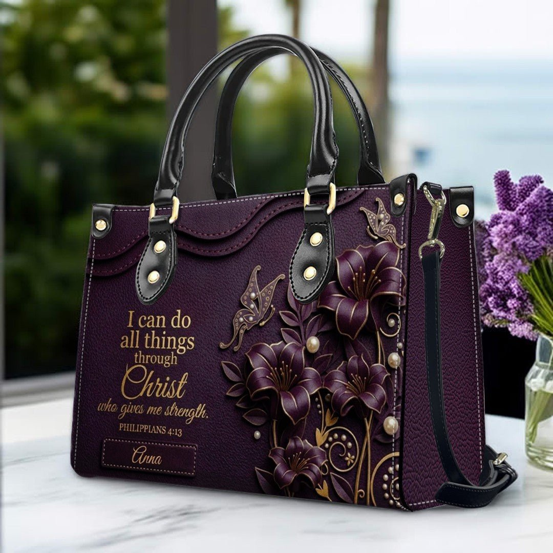 Personalized Leather Handbag - Custom Name Christian Bible Verse Philippians 4:13 Floral Butterfly Tote Bag | CHRISTIANARTBAG CA02100926