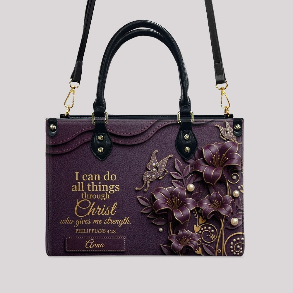 Personalized Leather Handbag - Custom Name Christian Bible Verse Philippians 4:13 Floral Butterfly Tote Bag | CHRISTIANARTBAG CA02100926