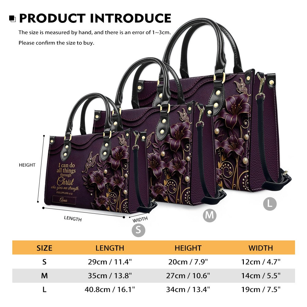 Personalized Leather Handbag - Custom Name Christian Bible Verse Philippians 4:13 Floral Butterfly Tote Bag | CHRISTIANARTBAG CA02100926