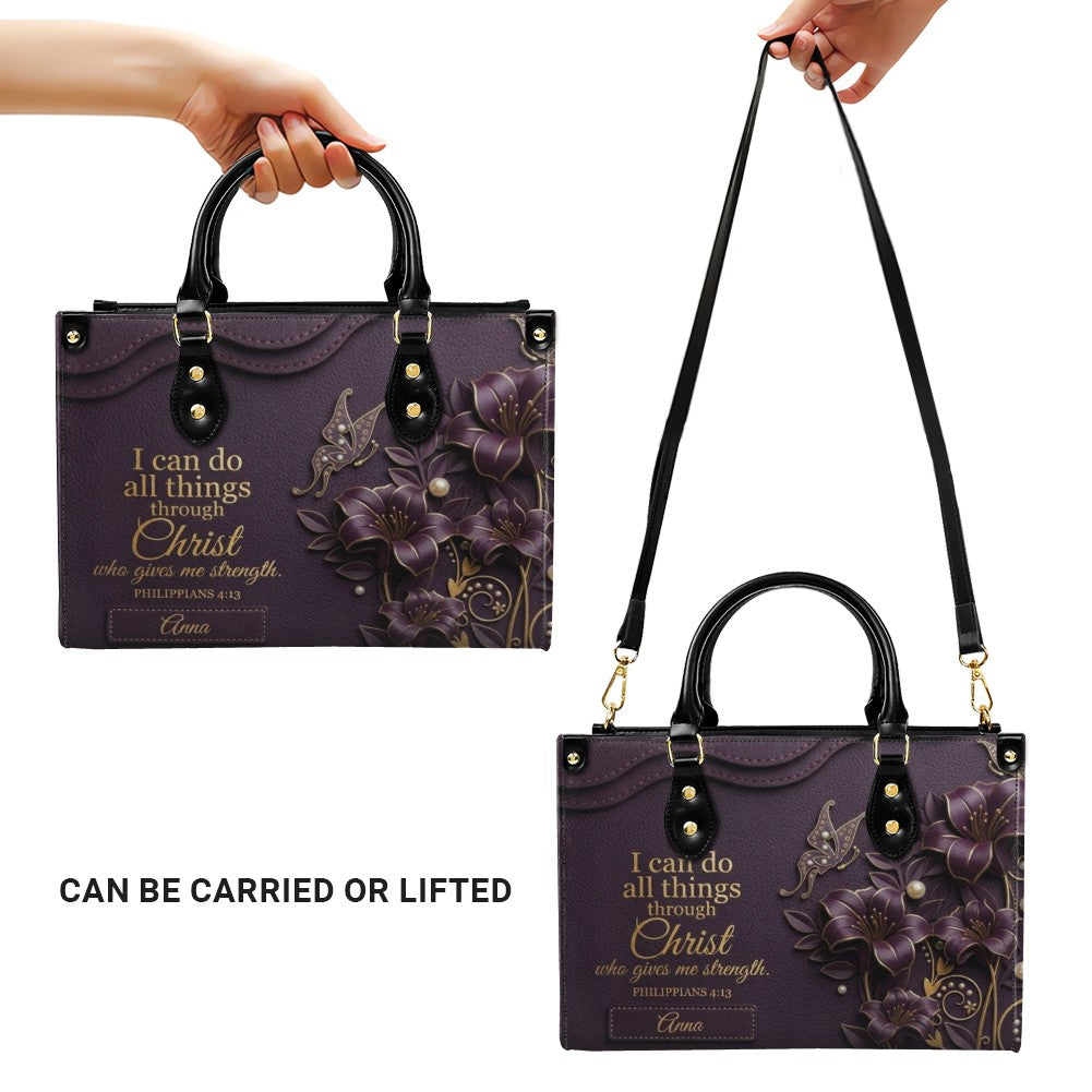 Personalized Leather Handbag - Custom Name Christian Bible Verse Philippians 4:13 Floral Butterfly Tote Bag | CHRISTIANARTBAG CA02100926