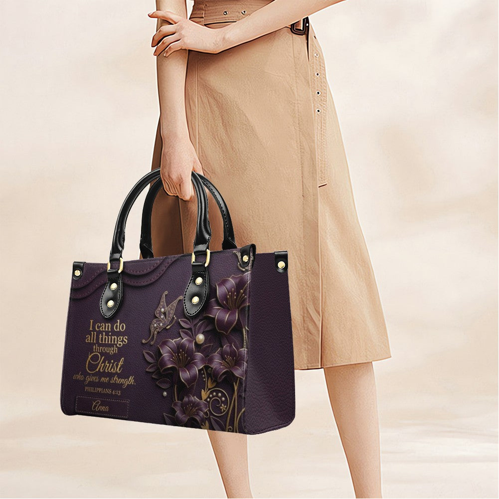 Personalized Leather Handbag - Custom Name Christian Bible Verse Philippians 4:13 Floral Butterfly Tote Bag | CHRISTIANARTBAG CA02100926