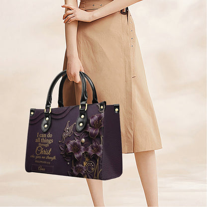 Personalized Leather Handbag - Custom Name Christian Bible Verse Philippians 4:13 Floral Butterfly Tote Bag | CHRISTIANARTBAG CA02100926