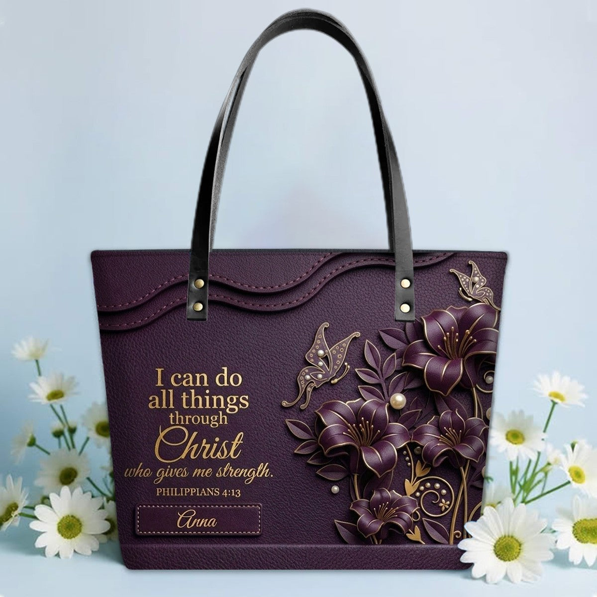 Personalized Christian Leather Tote Bag - 3D Floral Butterfly & Bible Verse Philippians 4:13 | Custom Name & Color - CHRISTIANARTBAG CAB01101326