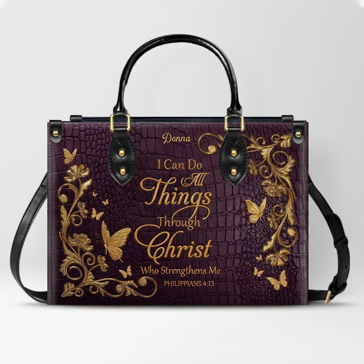 CHRISTIANARTBAG™ Personalized Leather Handbag - Custom Name "I Can Do All Things Through Christ" Philippians 4:13 Bible Verse Tote Purse