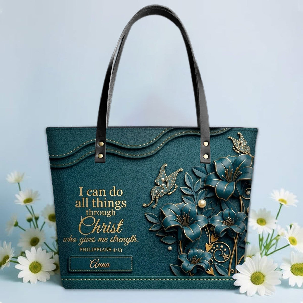 Personalized Christian Leather Tote Bag - 3D Floral Butterfly & Bible Verse Philippians 4:13 | Custom Name & Color - CHRISTIANARTBAG CAB01101326