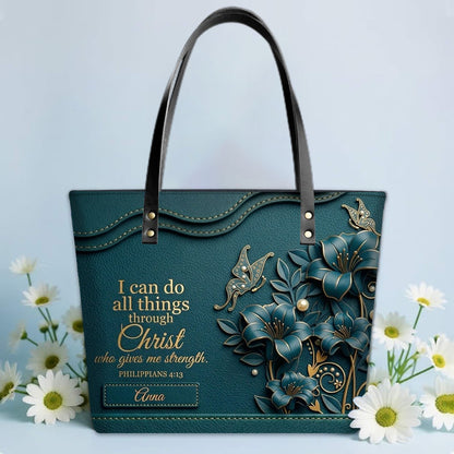 Personalized Christian Leather Tote Bag - 3D Floral Butterfly & Bible Verse Philippians 4:13 | Custom Name & Color - CHRISTIANARTBAG CAB01101326