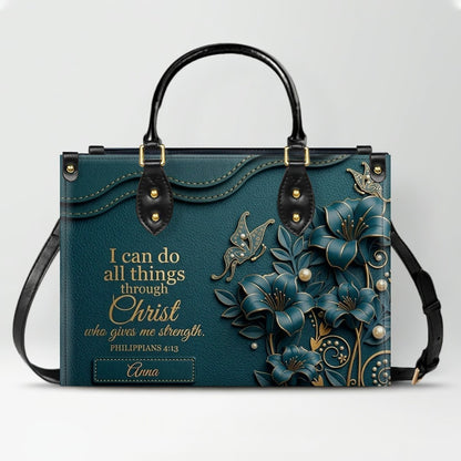 Personalized Leather Handbag - Custom Name Christian Bible Verse Philippians 4:13 Floral Butterfly Tote Bag | CHRISTIANARTBAG CA02100926