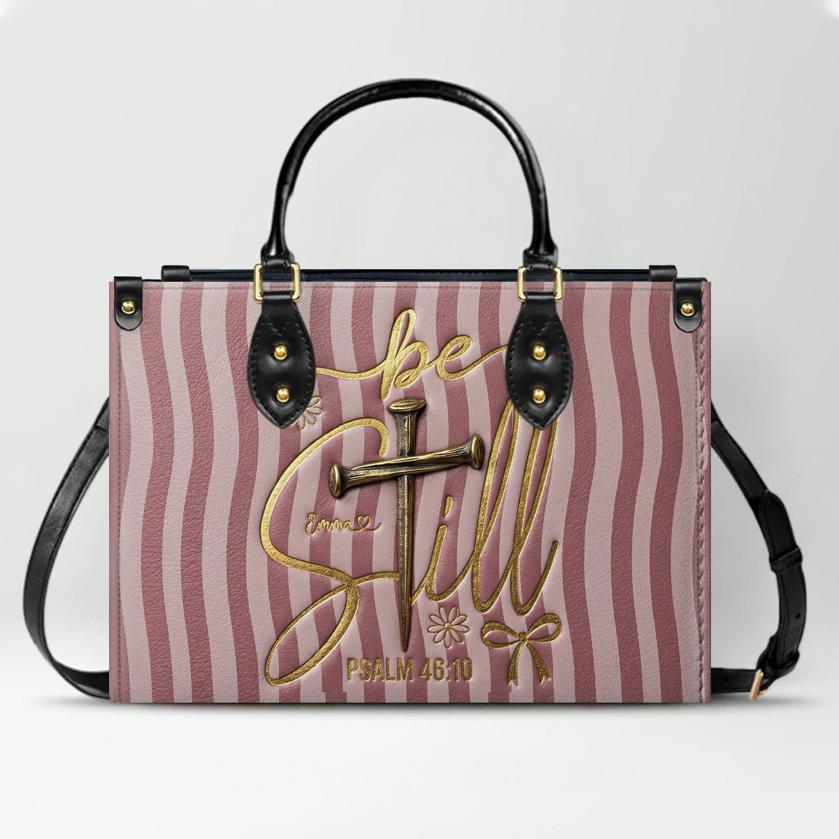 Personalized Be Still Psalm 46:10 Cross Leather Handbag for Women - CHRISTIANARTBAG | Custom Faith Purse in Pink CAB01100526