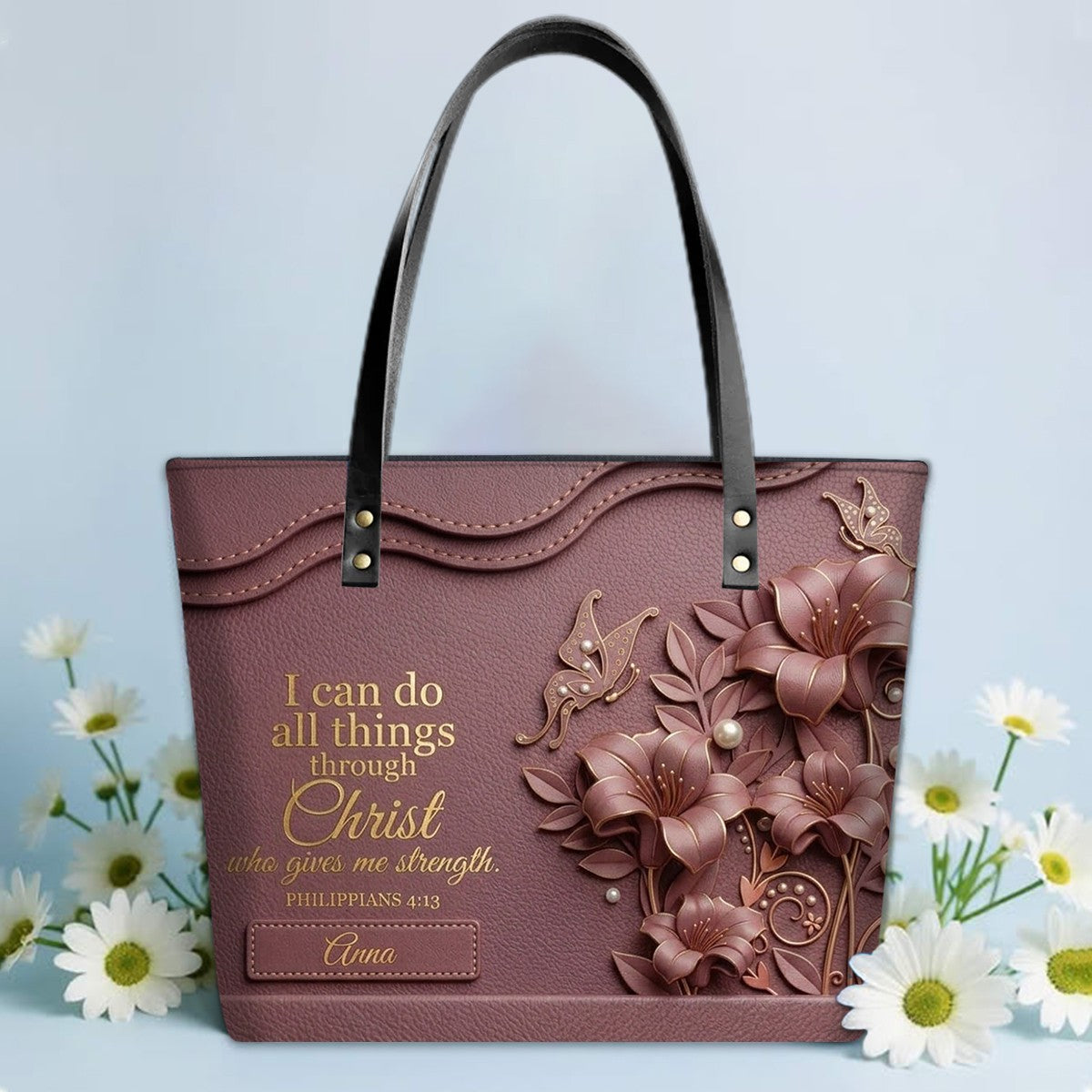 Personalized Christian Leather Tote Bag - 3D Floral Butterfly & Bible Verse Philippians 4:13 | Custom Name & Color - CHRISTIANARTBAG CAB01101326