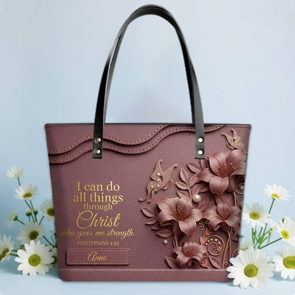 Personalized Christian Leather Tote Bag - 3D Floral Butterfly & Bible Verse Philippians 4:13 | Custom Name & Color - CHRISTIANARTBAG CAB01101326