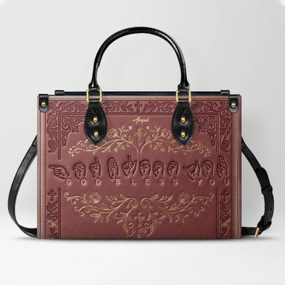 Personalized Christian ASL God Bless You Leather Handbag - Custom Name Christian Leather Tote Bag - CHRISTIANARTBAG CAB01101426