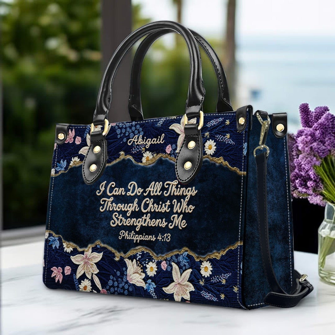 Personalized Navy Leather Handbag by CHRISTIANARTBAG - Custom Embroidered Floral Tote with Philippians 4:13 - Unique Christian Gift for Her