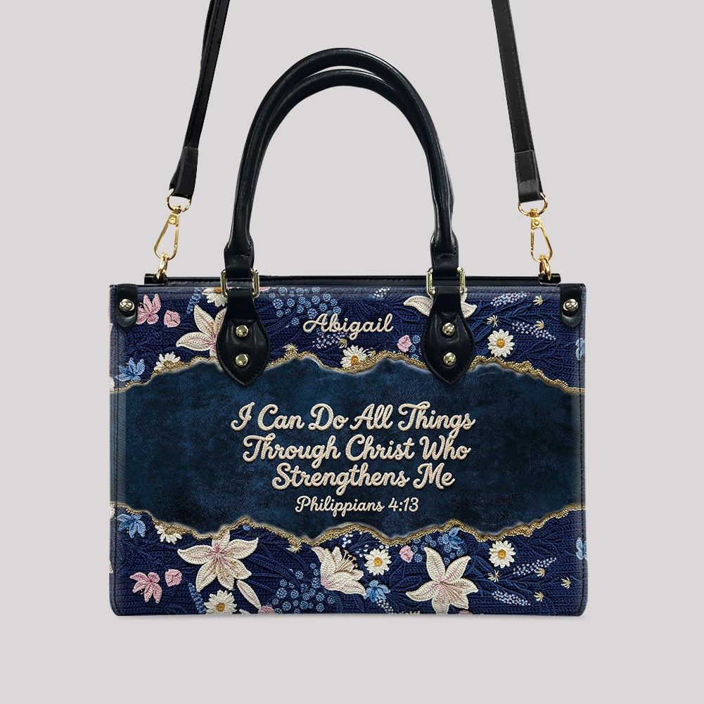 Personalized Navy Leather Handbag by CHRISTIANARTBAG - Custom Embroidered Floral Tote with Philippians 4:13 - Unique Christian Gift for Her