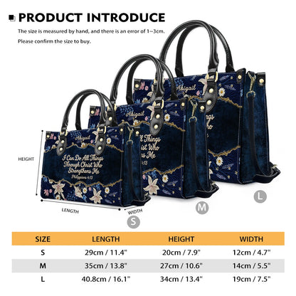 Personalized Navy Leather Handbag by CHRISTIANARTBAG - Custom Embroidered Floral Tote with Philippians 4:13 - Unique Christian Gift for Her