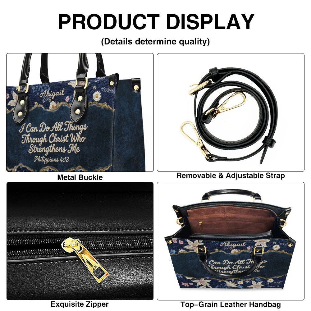 Personalized Navy Leather Handbag by CHRISTIANARTBAG - Custom Embroidered Floral Tote with Philippians 4:13 - Unique Christian Gift for Her