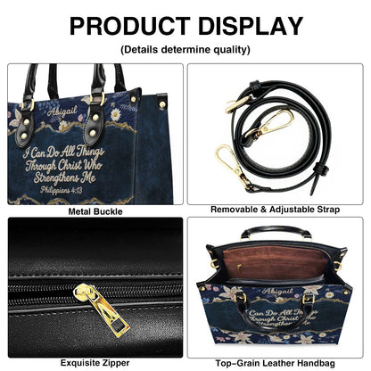 Personalized Navy Leather Handbag by CHRISTIANARTBAG - Custom Embroidered Floral Tote with Philippians 4:13 - Unique Christian Gift for Her