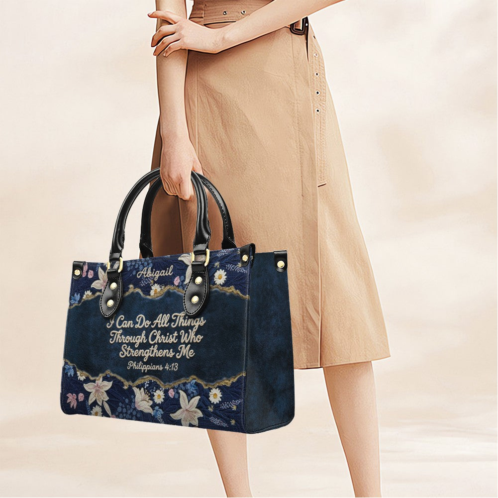 Personalized Navy Leather Handbag by CHRISTIANARTBAG - Custom Embroidered Floral Tote with Philippians 4:13 - Unique Christian Gift for Her
