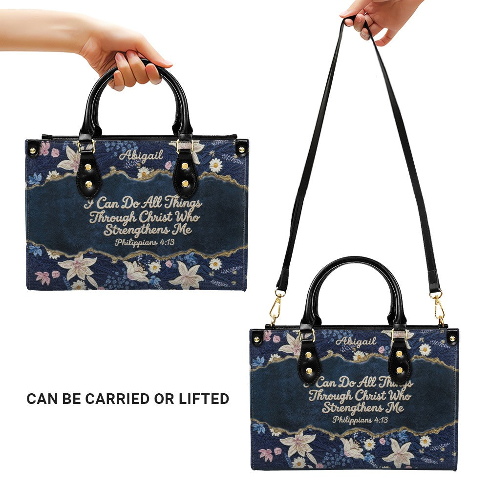 Personalized Navy Leather Handbag by CHRISTIANARTBAG - Custom Embroidered Floral Tote with Philippians 4:13 - Unique Christian Gift for Her