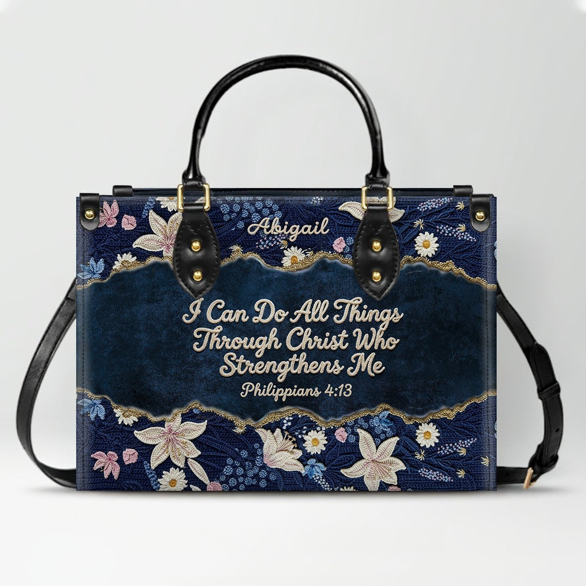 Personalized Navy Leather Handbag by CHRISTIANARTBAG - Custom Embroidered Floral Tote with Philippians 4:13 - Unique Christian Gift for Her