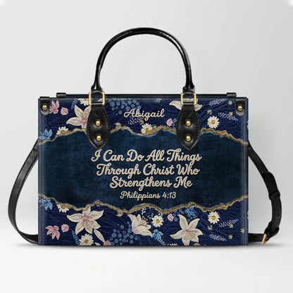 Personalized Navy Leather Handbag by CHRISTIANARTBAG - Custom Embroidered Floral Tote with Philippians 4:13 - Unique Christian Gift for Her