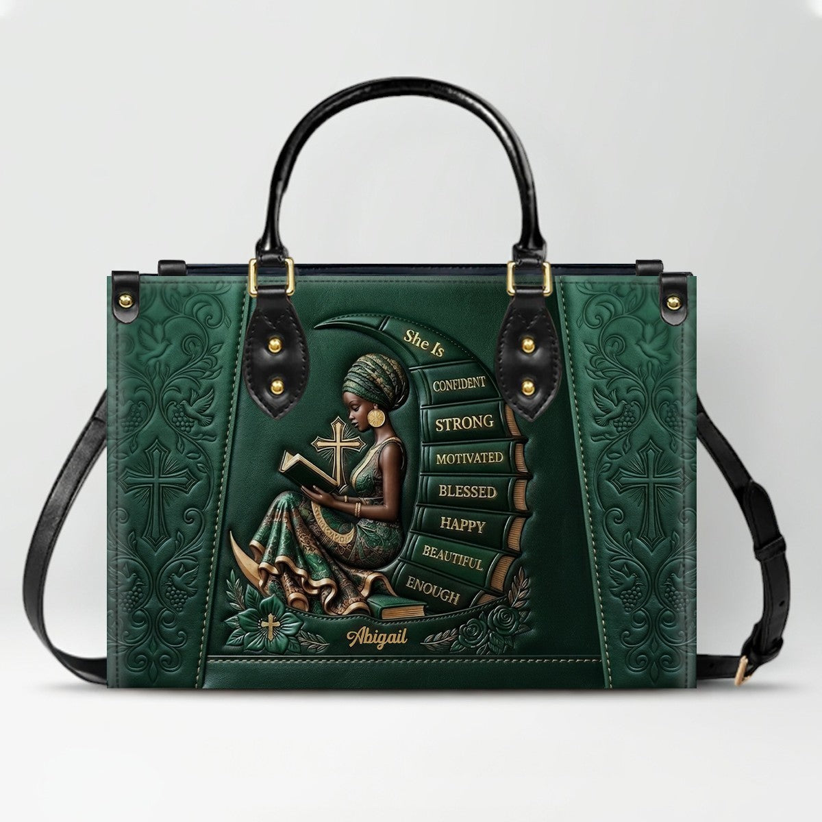 Personalized Leather Handbag for Christian Women - Custom Name, Skin Tone & Color "She Is" Affirmation Tote Bag | CHRISTIANARTBAG 01080326
