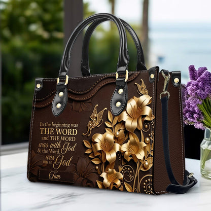 Custom Christian Leather Handbag with Name – John 1:1 Scripture Floral Purse | CHRISTIANARTBAG CA01100726