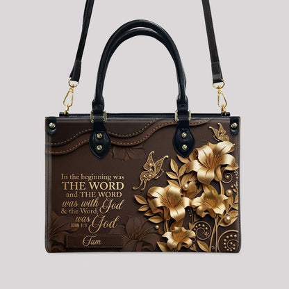 Custom Christian Leather Handbag with Name – John 1:1 Scripture Floral Purse | CHRISTIANARTBAG CA01100726