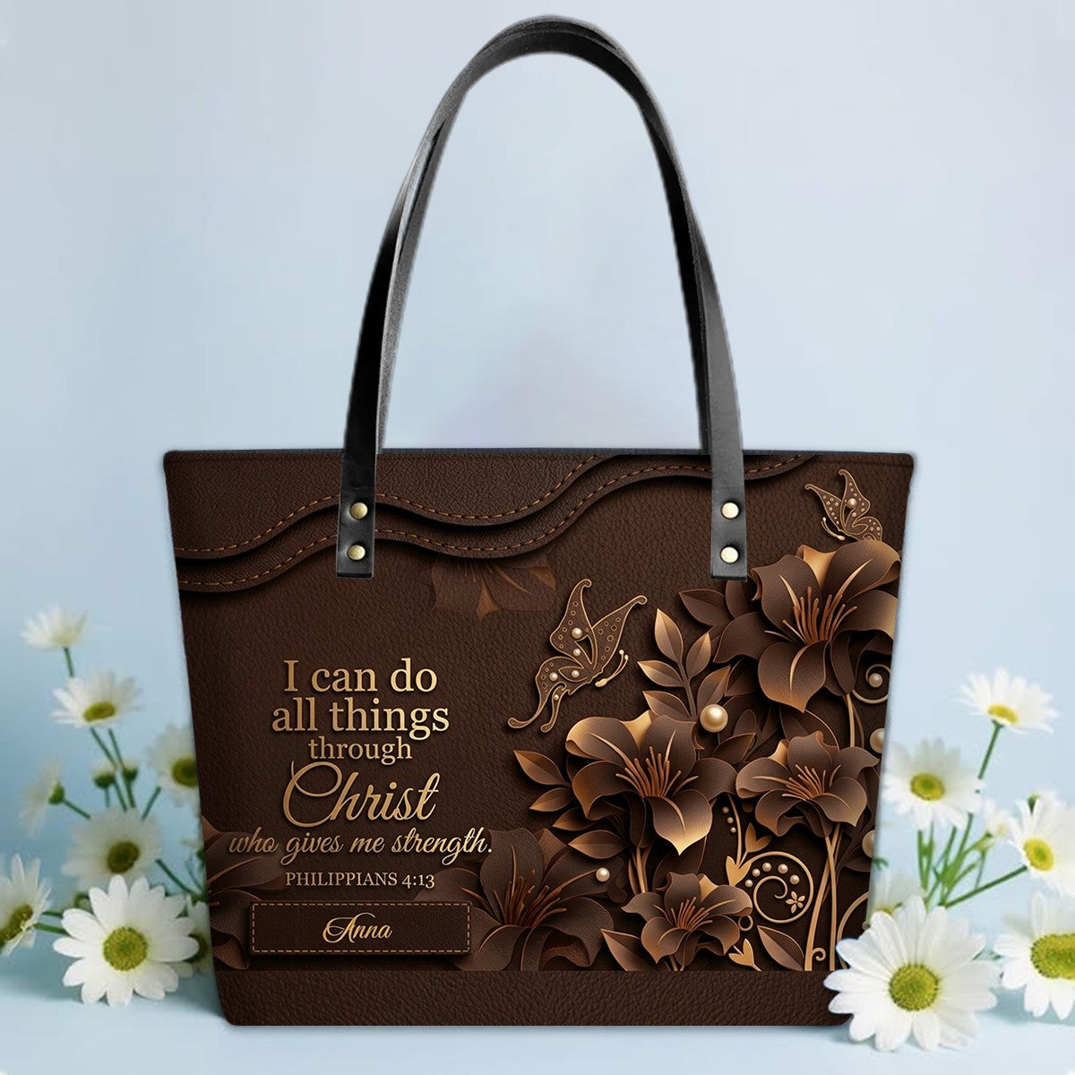 Personalized Christian Leather Tote Bag - 3D Floral Butterfly & Bible Verse Philippians 4:13 | Custom Name & Color - CHRISTIANARTBAG CAB01101326