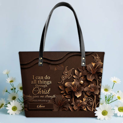 Personalized Christian Leather Tote Bag - 3D Floral Butterfly & Bible Verse Philippians 4:13 | Custom Name & Color - CHRISTIANARTBAG CAB01101326