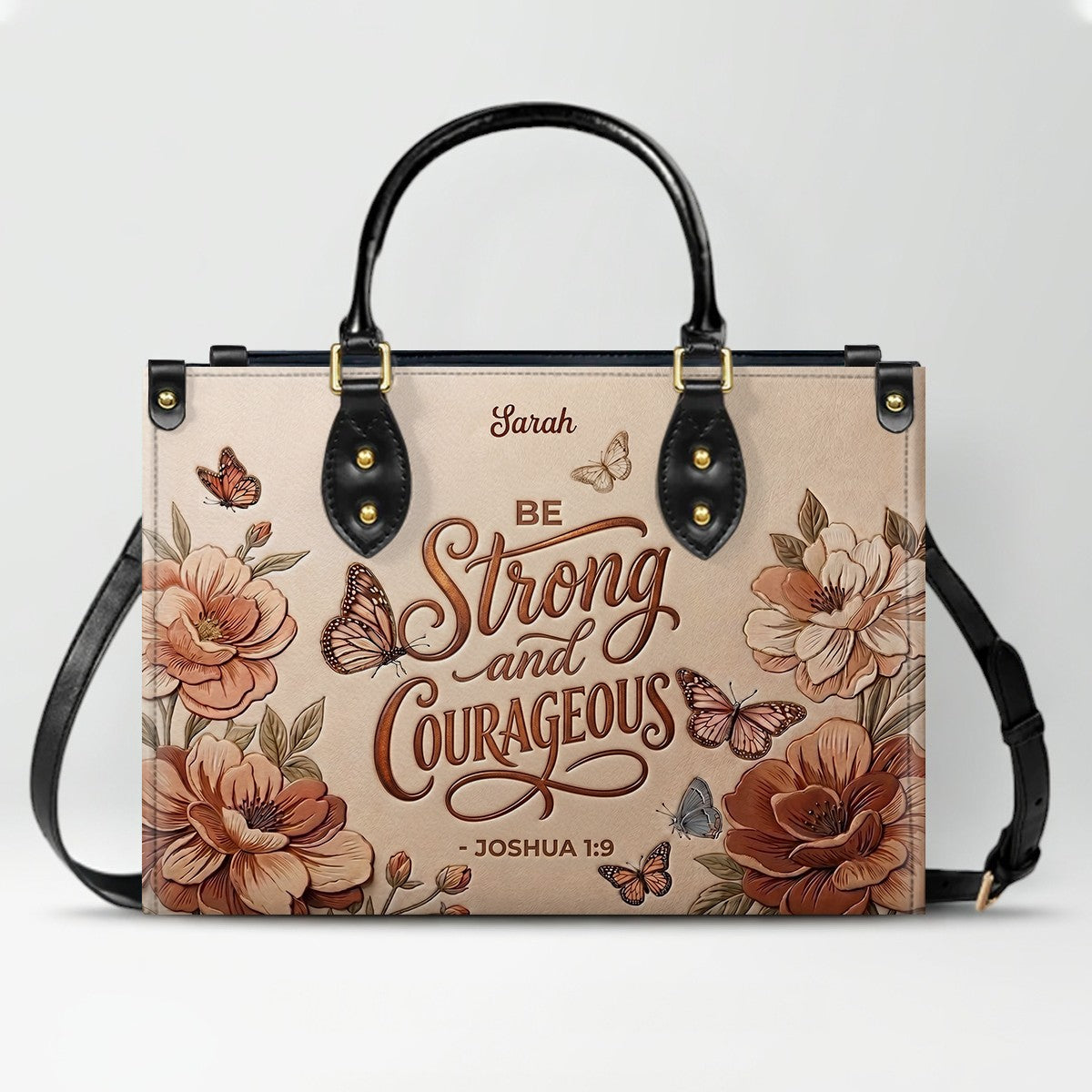CHRISTIANARTBAG Personalized Leather Handbag – Custom Name & Bible Verse Floral Butterfly Leather Tote Bag 01073026