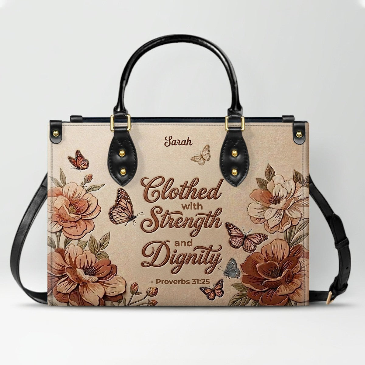 CHRISTIANARTBAG Personalized Leather Handbag – Custom Name & Bible Verse Floral Butterfly Leather Tote Bag 01073026