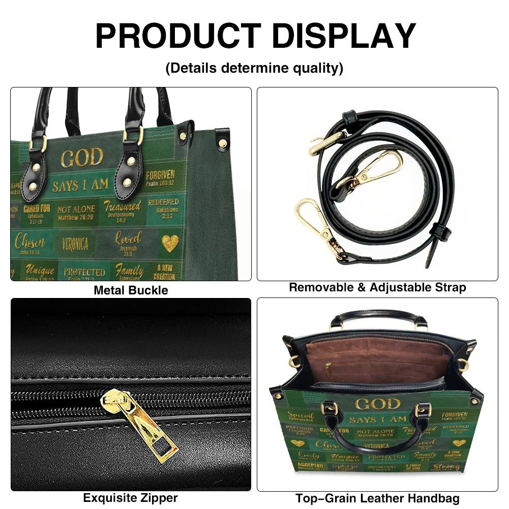 Personalized Christian Leather Handbag – “God Says I Am” Scripture Tote Bag for Women | Custom Name & Color | CHRISTIANARTBAG