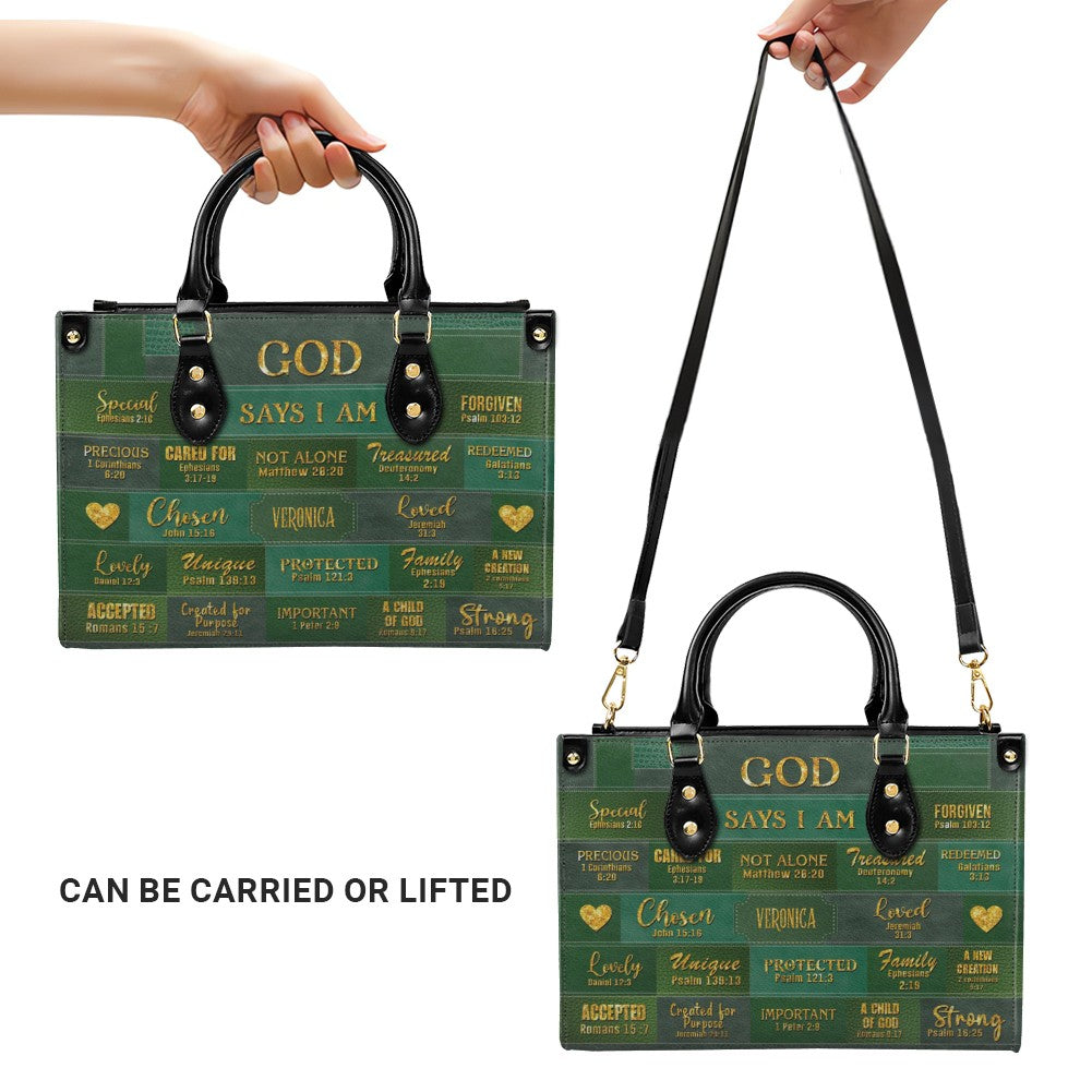 Personalized Christian Leather Handbag – “God Says I Am” Scripture Tote Bag for Women | Custom Name & Color | CHRISTIANARTBAG