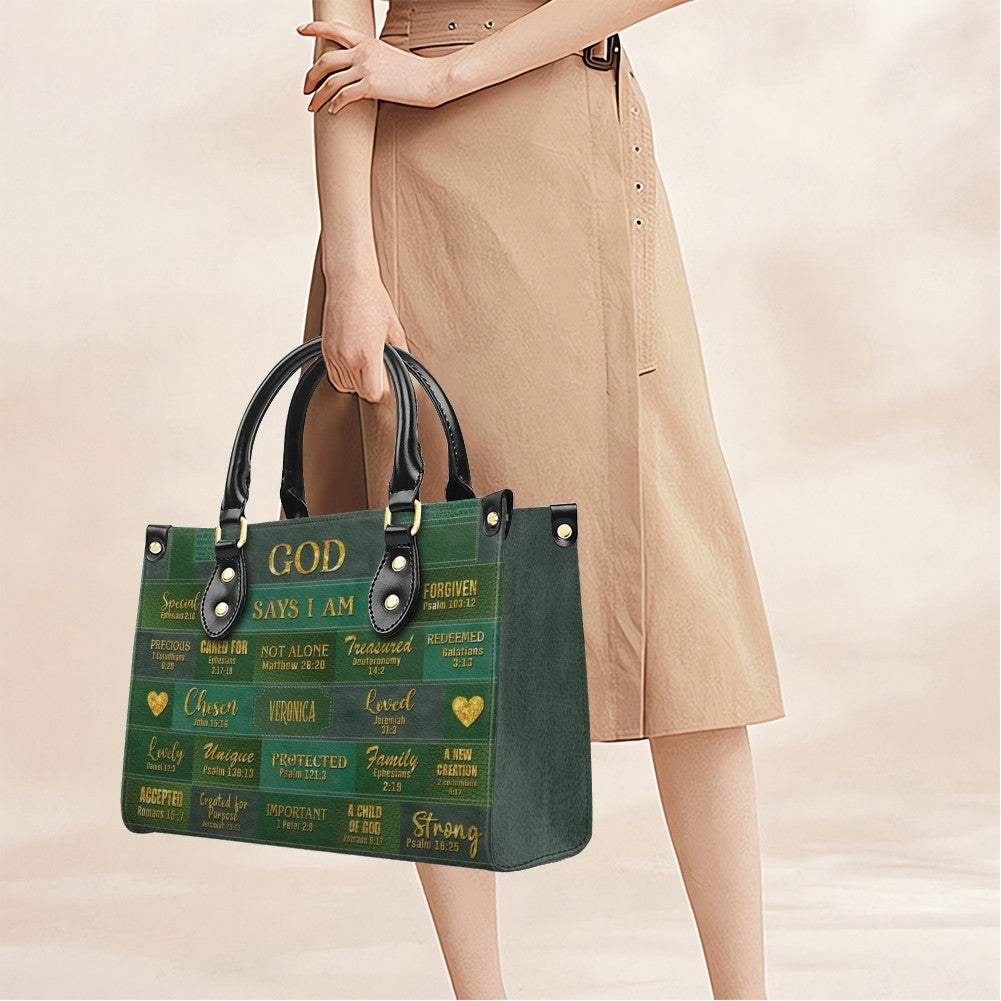 Personalized Christian Leather Handbag – “God Says I Am” Scripture Tote Bag for Women | Custom Name & Color | CHRISTIANARTBAG