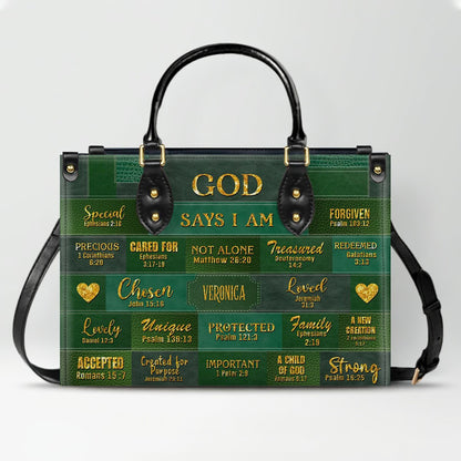 Personalized Christian Leather Handbag – “God Says I Am” Scripture Tote Bag for Women | Custom Name & Color | CHRISTIANARTBAG