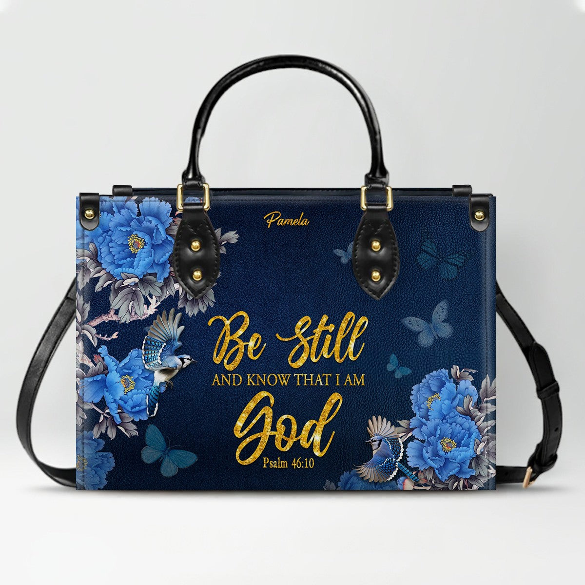 Personalized Christian Leather Handbag – Gold Navy Bible Verse Tote for Women | CHRISTIANARTBAG CAB01122325